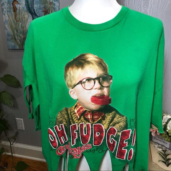 Christmas Story Oh Fudge Ralphie Upcycled Tee Fringe Green Sz XL - Picture 2 of 10